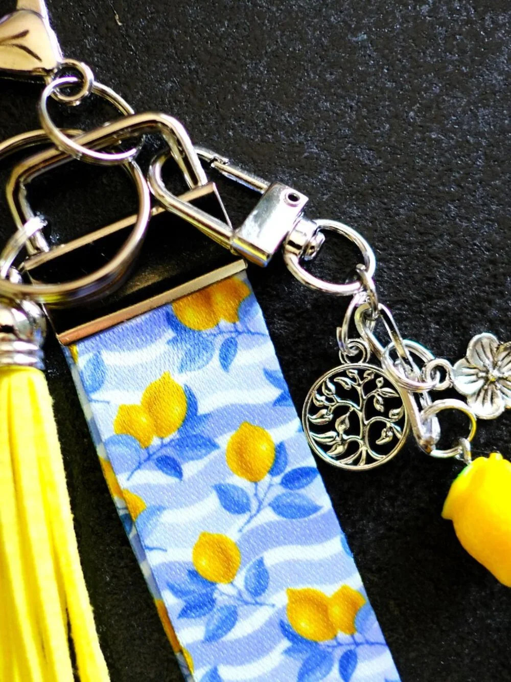 Handmade Lanyard Wristlet Keychain, charms, bag, key, gift, lemon, blue, animal,